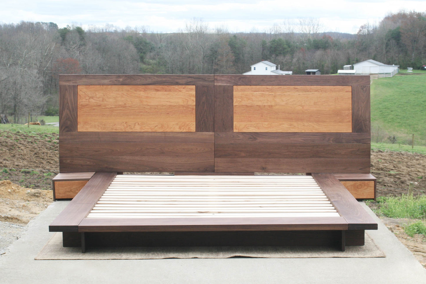 front view Low platform bed with side tables