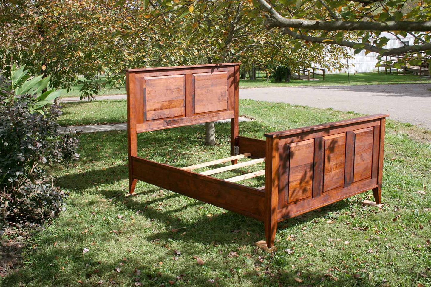 hardwood panel bed angled view