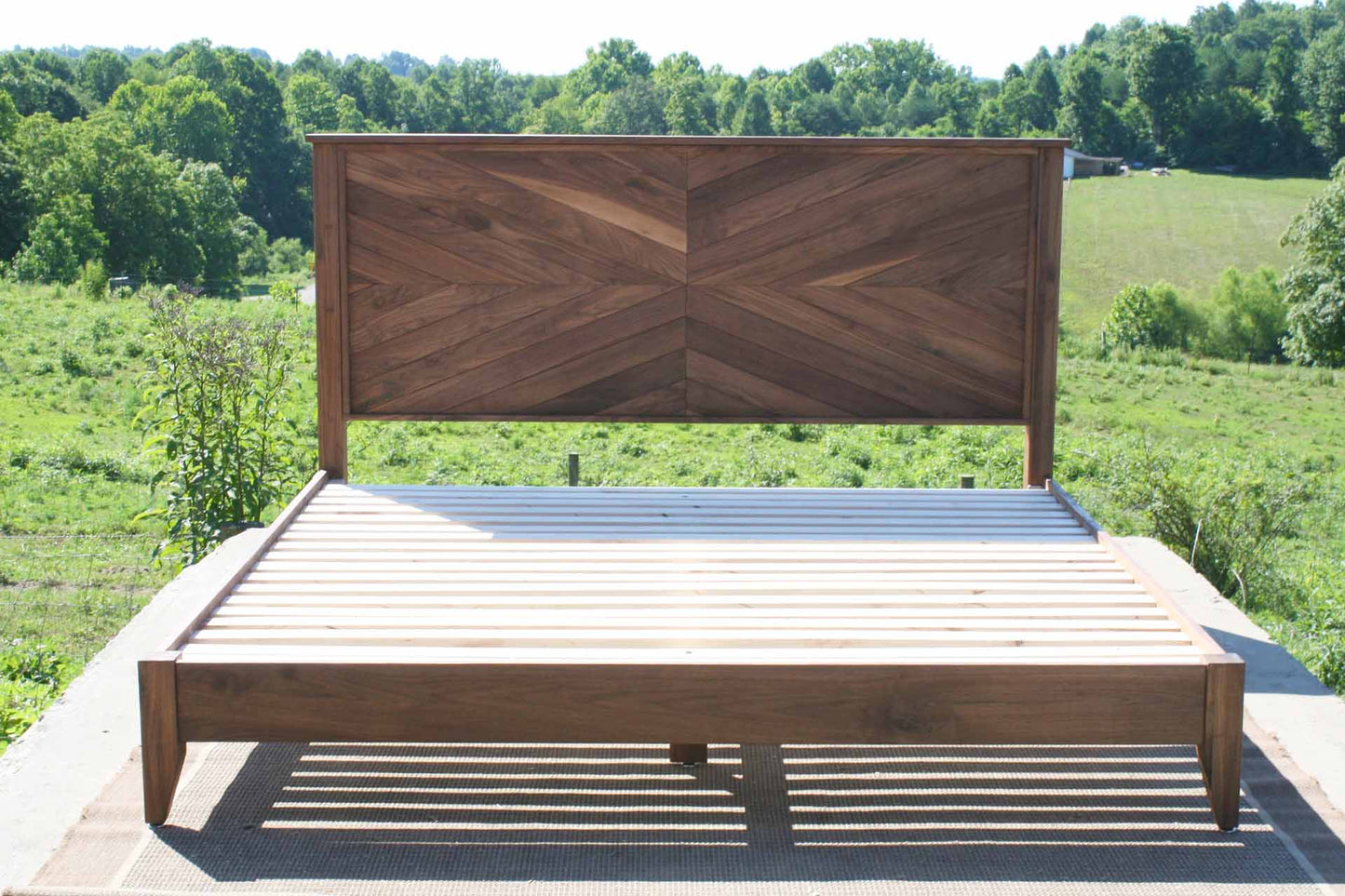 Platform Bed with headboard in herringbone style front view