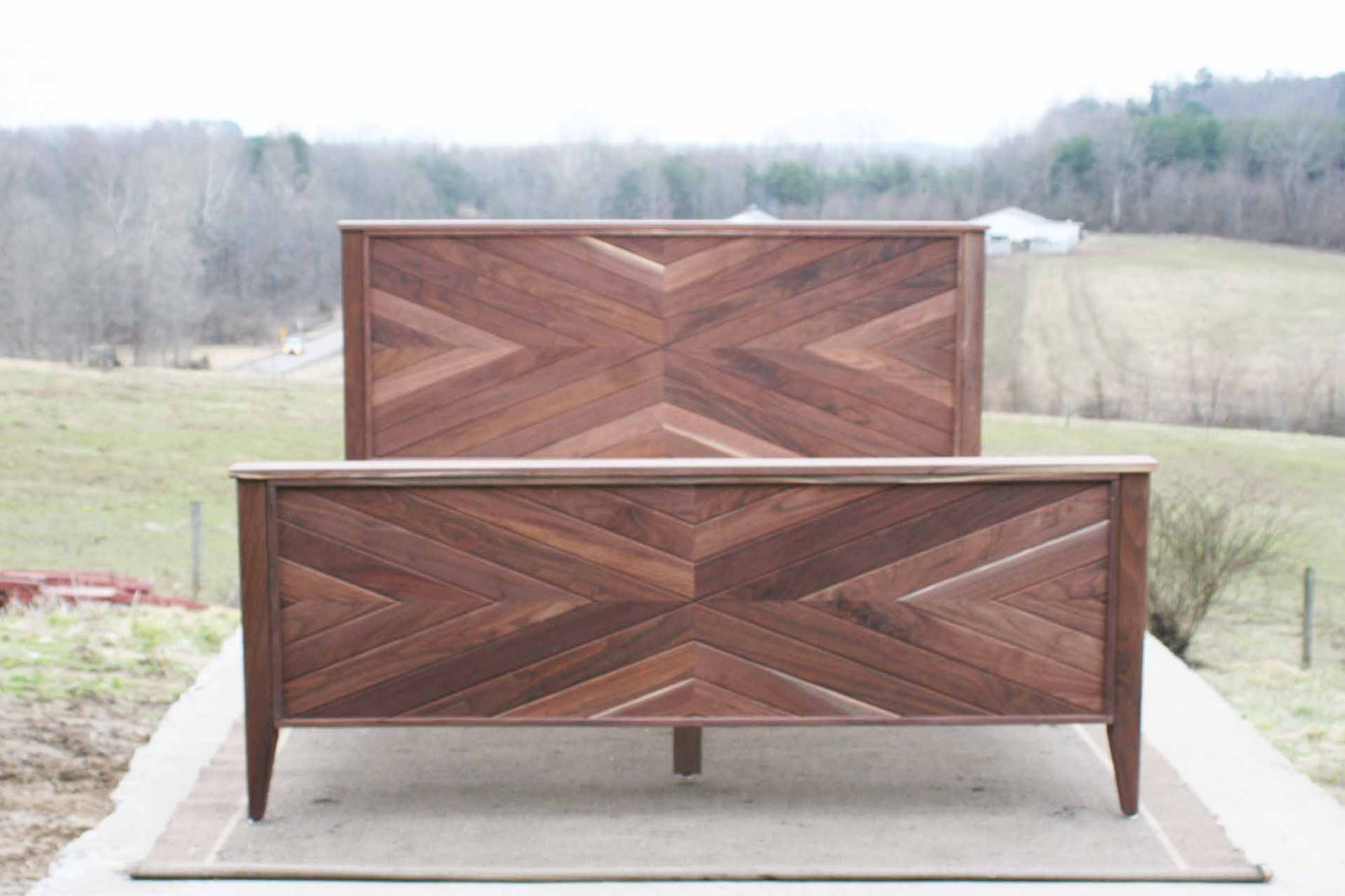 Platform Bed with headboard in herringbone style front view with foot board