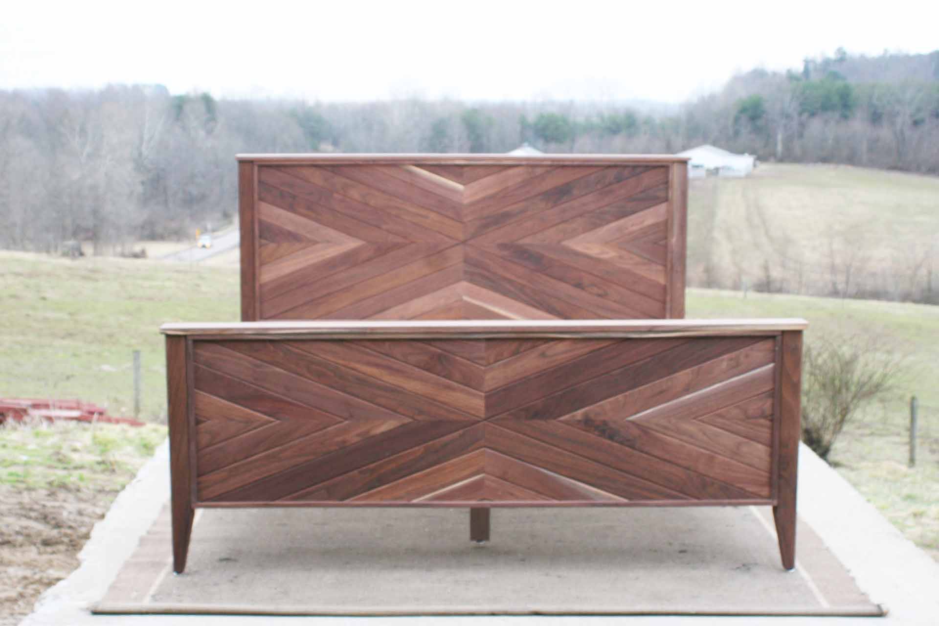Platform Bed with headboard in herringbone style front view with foot board