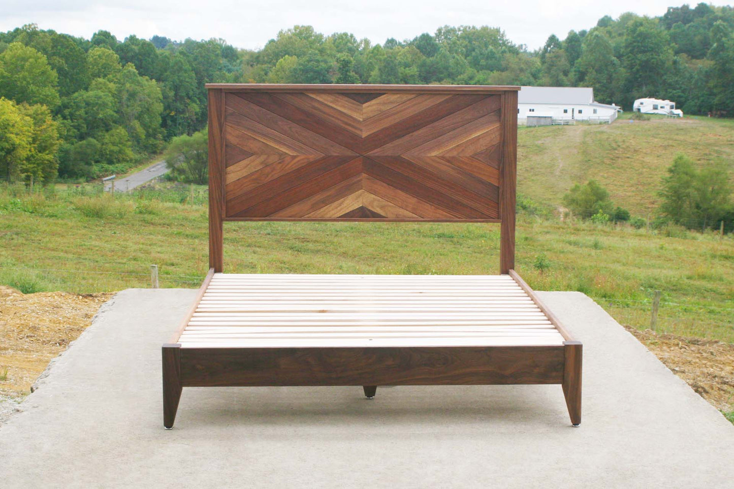 natural Platform Bed with headboard in herringbone style
