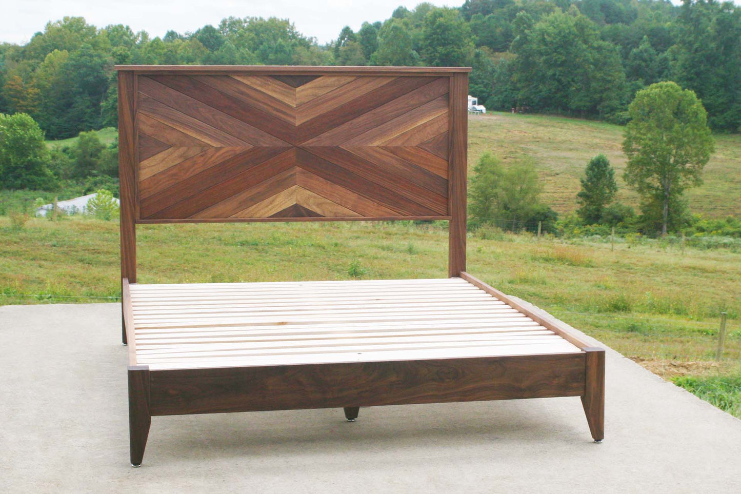 front view natural Platform Bed with headboard in herringbone style
