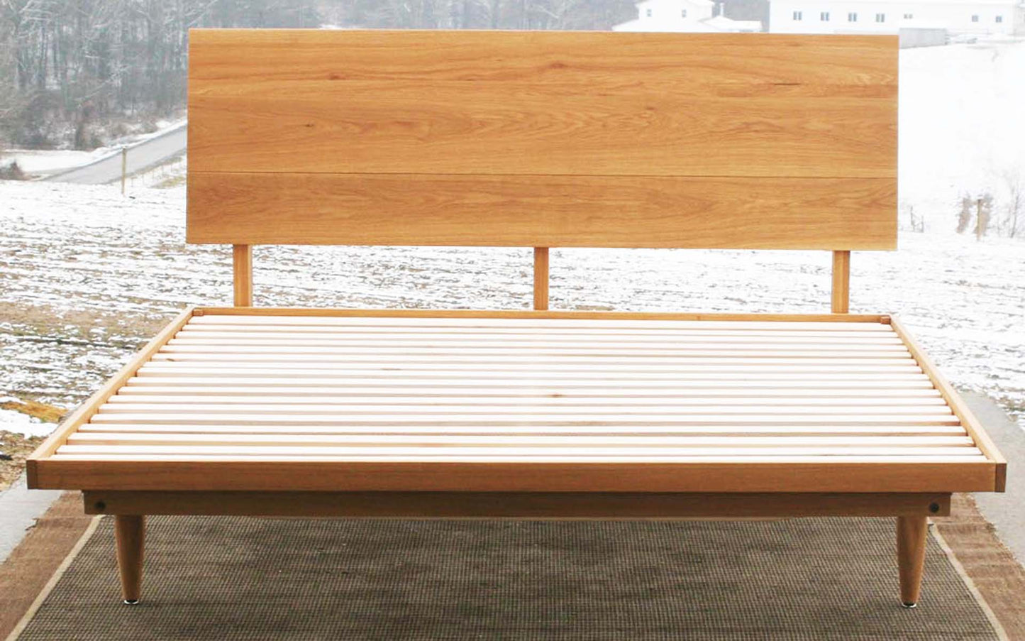 front view Mid Century Platform Bed with Slanted Headboard