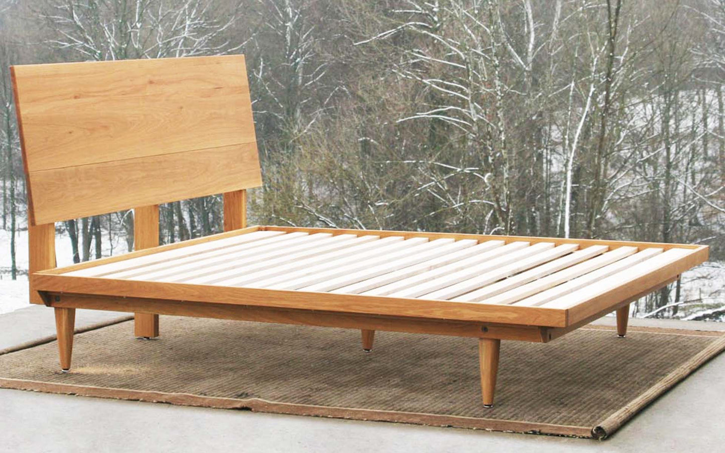 Mid Century Platform Bed with Slanted Headboard