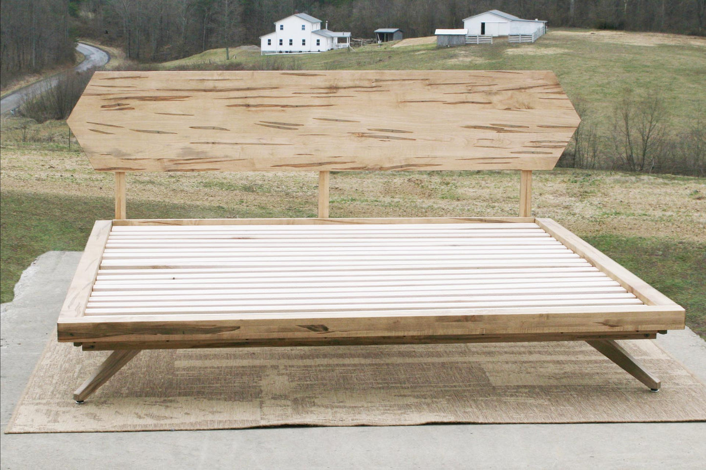 front view wormy maple Mid century platform bed