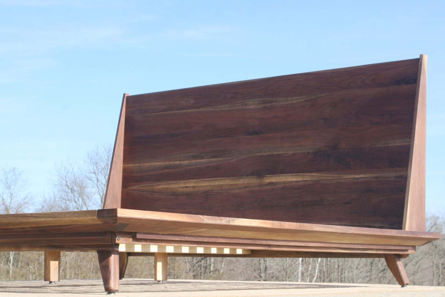 walnut mid century modern platform bed low view