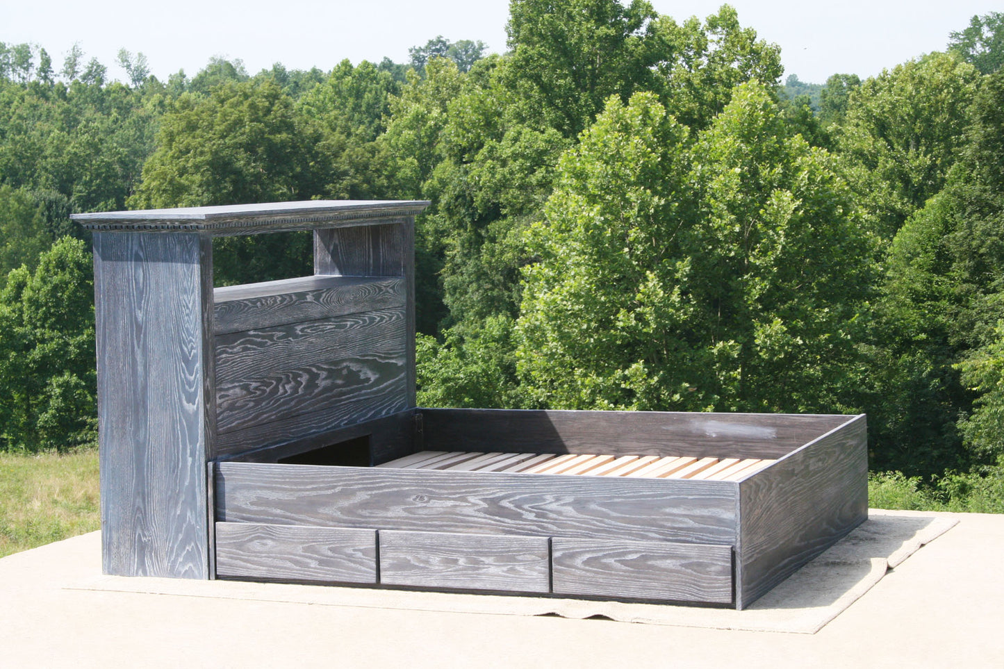 side view Platform bed with 6 drawers and storage headboard