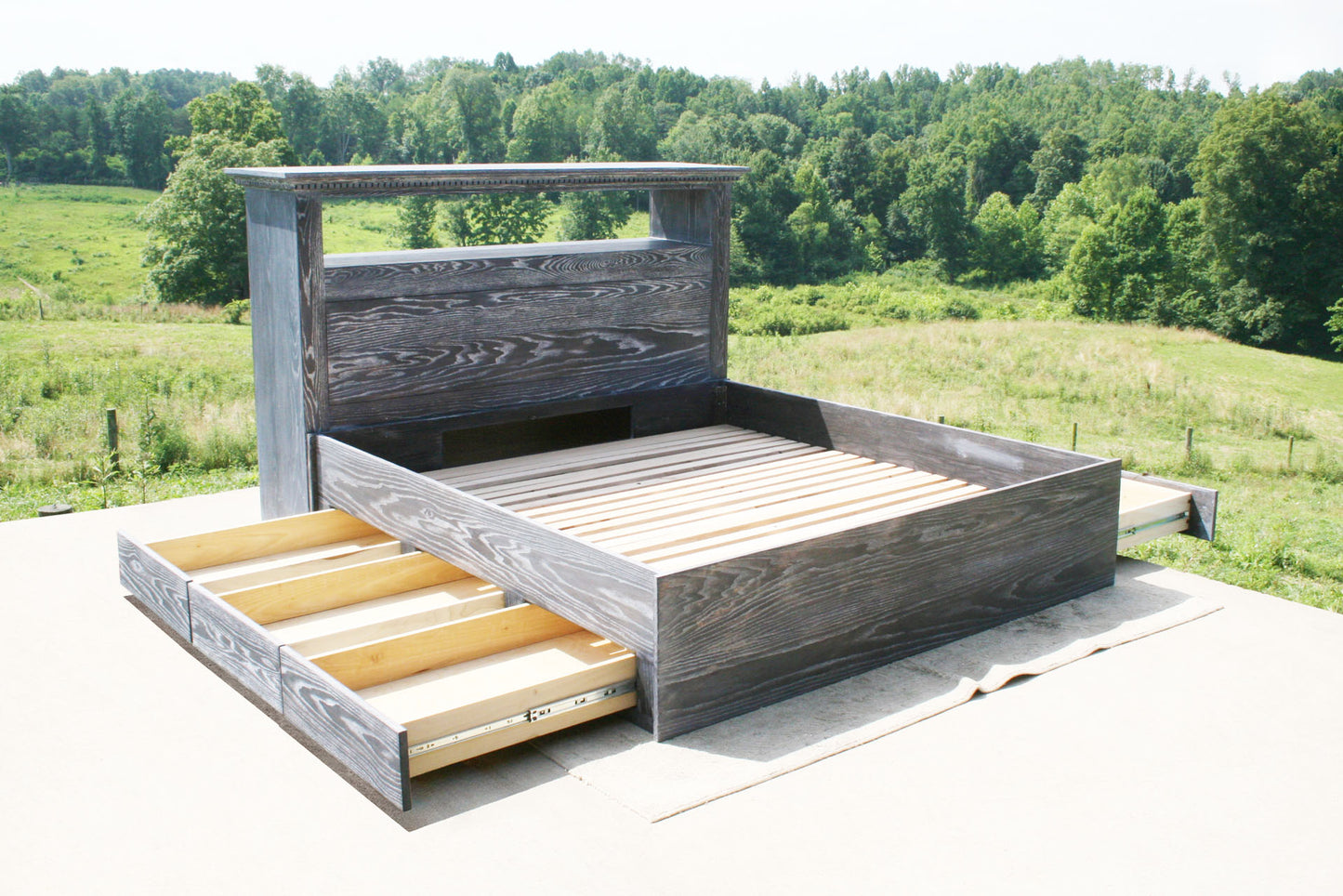Platform bed with 6 drawers and storage headboard and drawers open