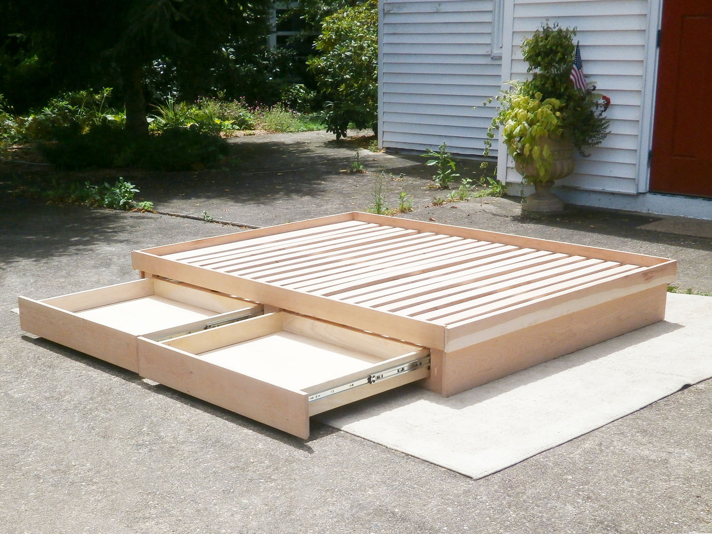 wood Low storage bed with 4 drawers 2 drawers out