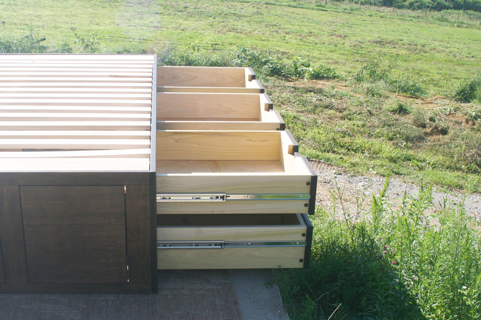 storage bed with side drawers open