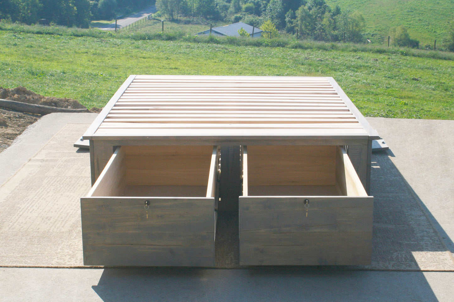 storage platform bed front view with drawers open