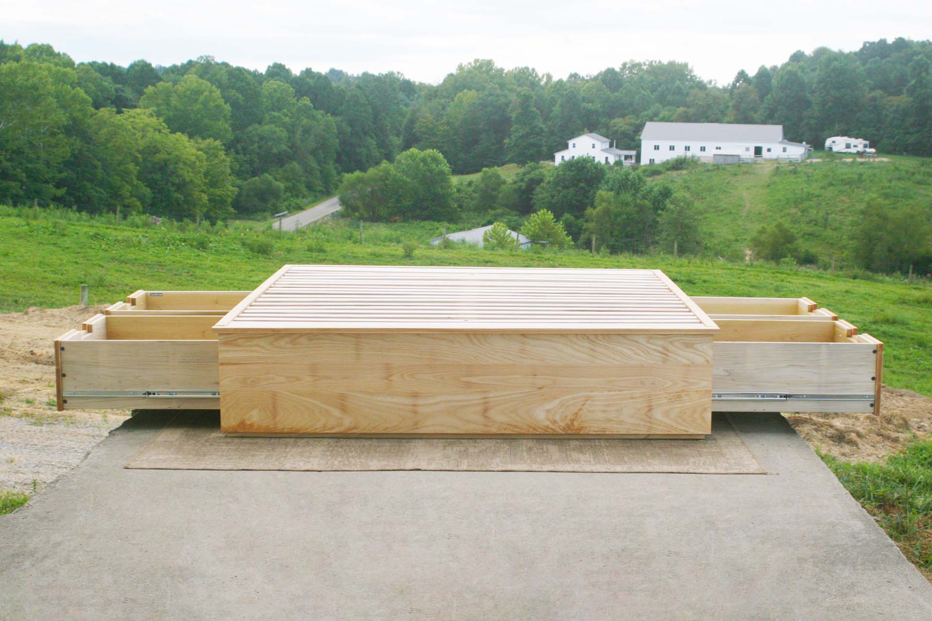 front view drawers open natural Platform or Tatami Bed with 4 drawers