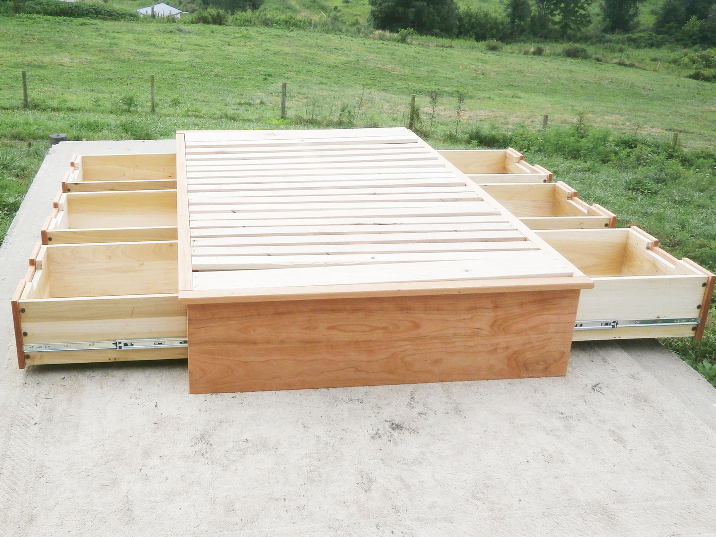 drawers open front view Platform storage bed