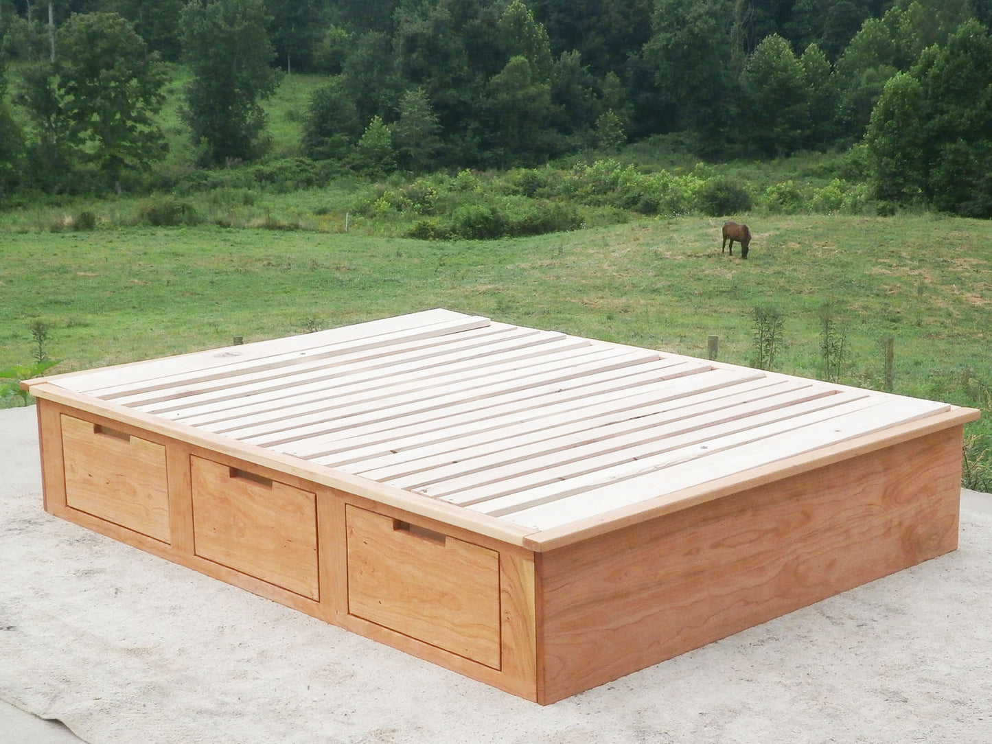 angled view hardwood Platform storage bed