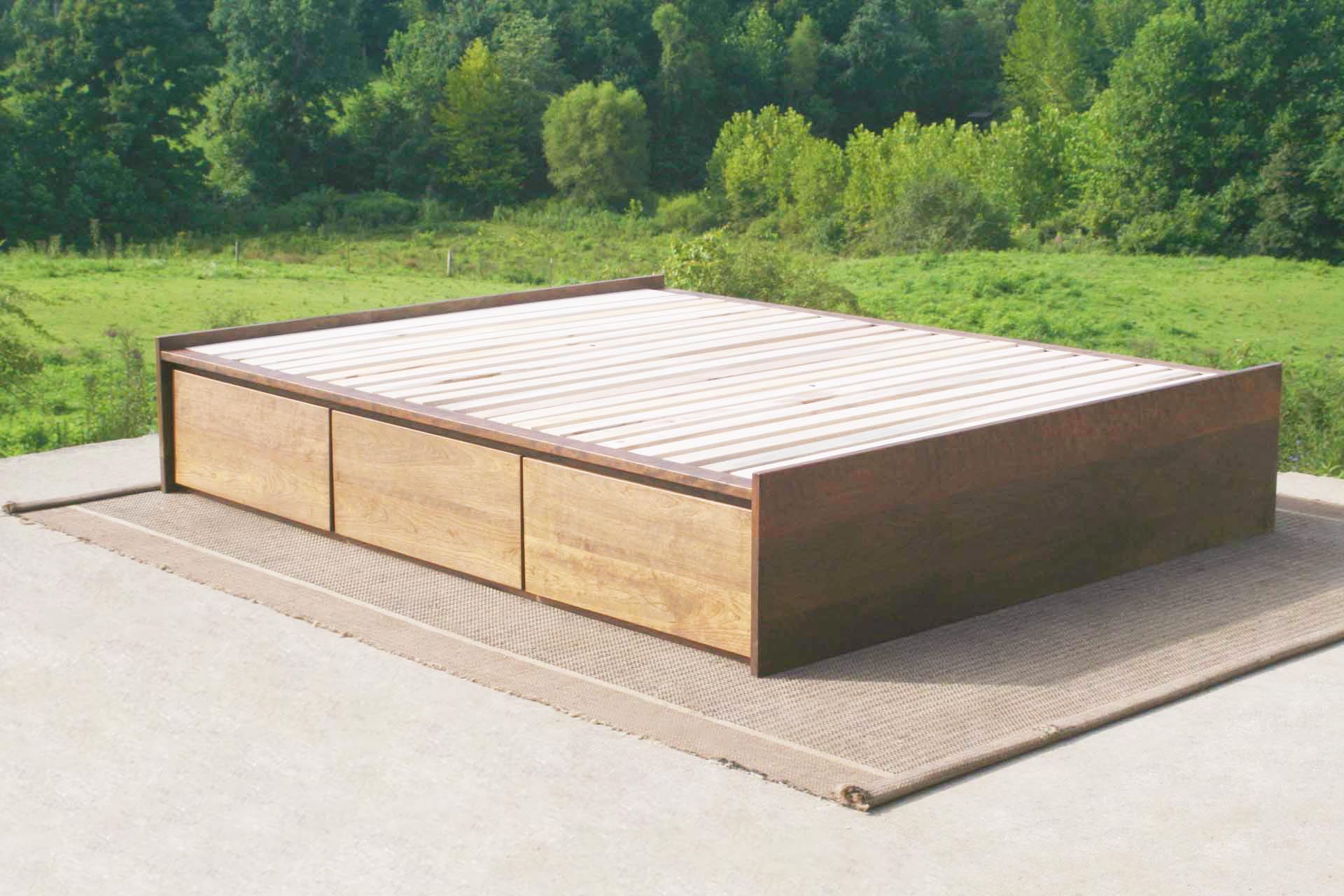 walnut low storage bed