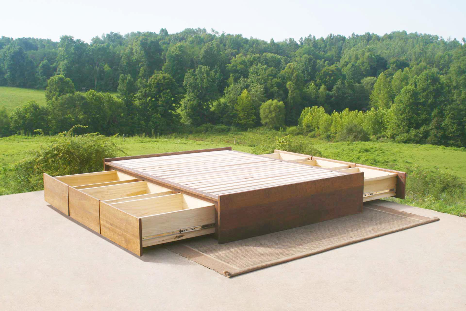 walnut low storage bed with 6 open