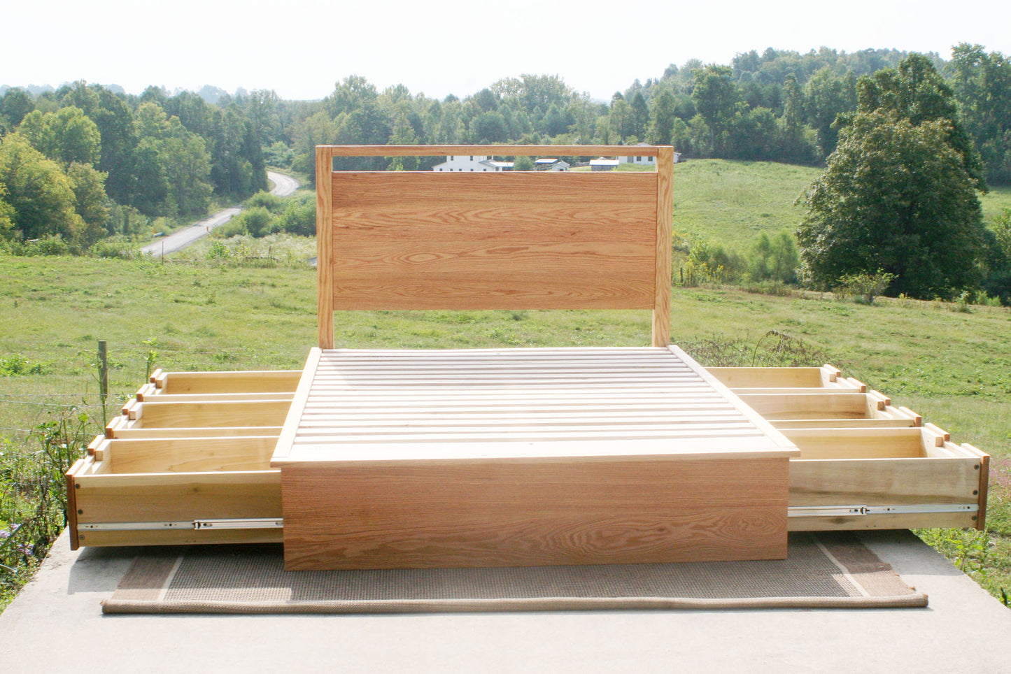 front view drawers out Platform Bed with 6 drawers and headboard with top bar