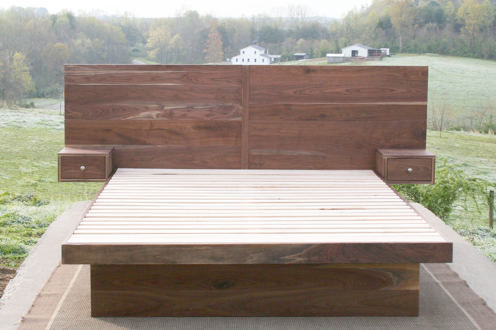 natural custom front view Storage bed frame with headboard and nightstands