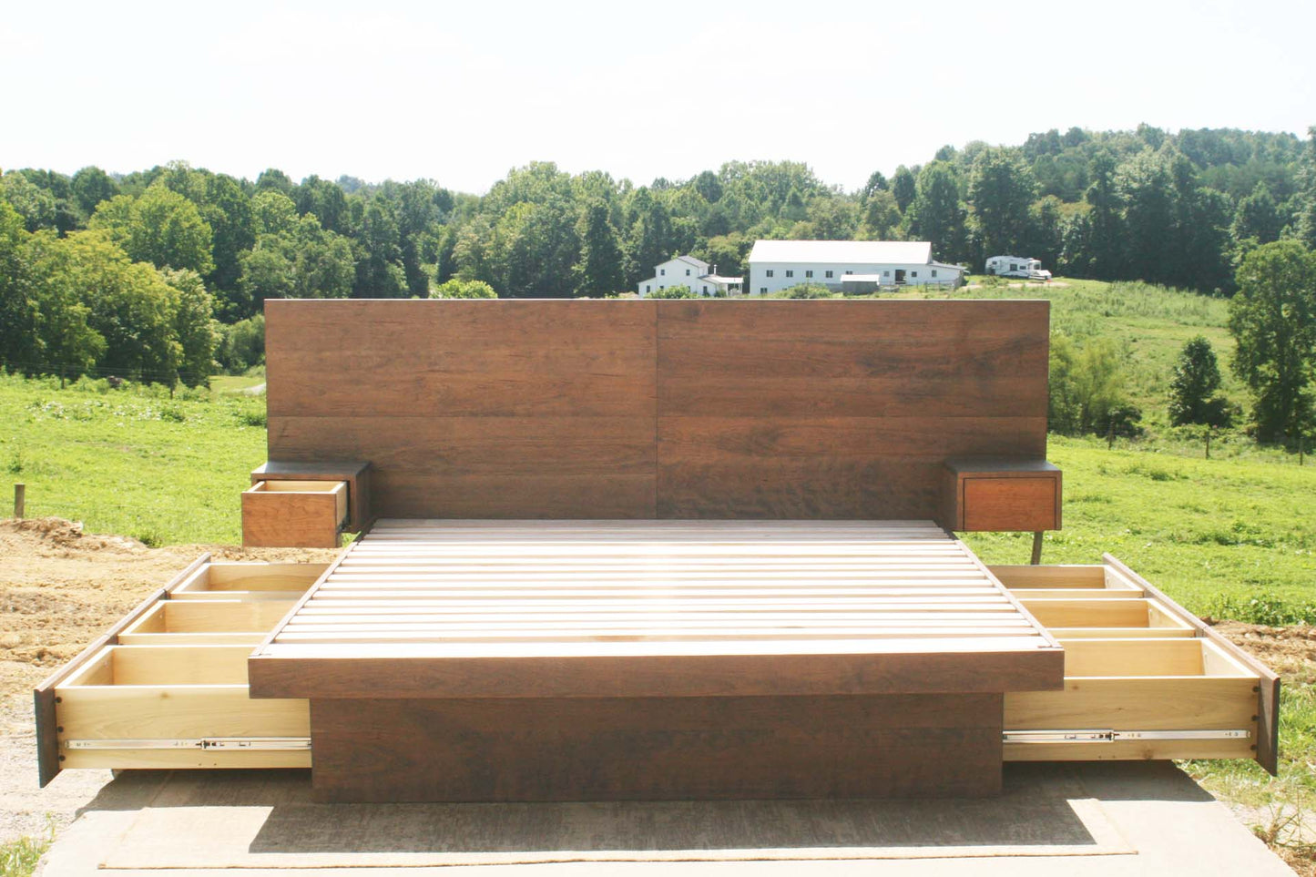 front view natural custom Storage bed frame with headboard and nightstands with drawers open