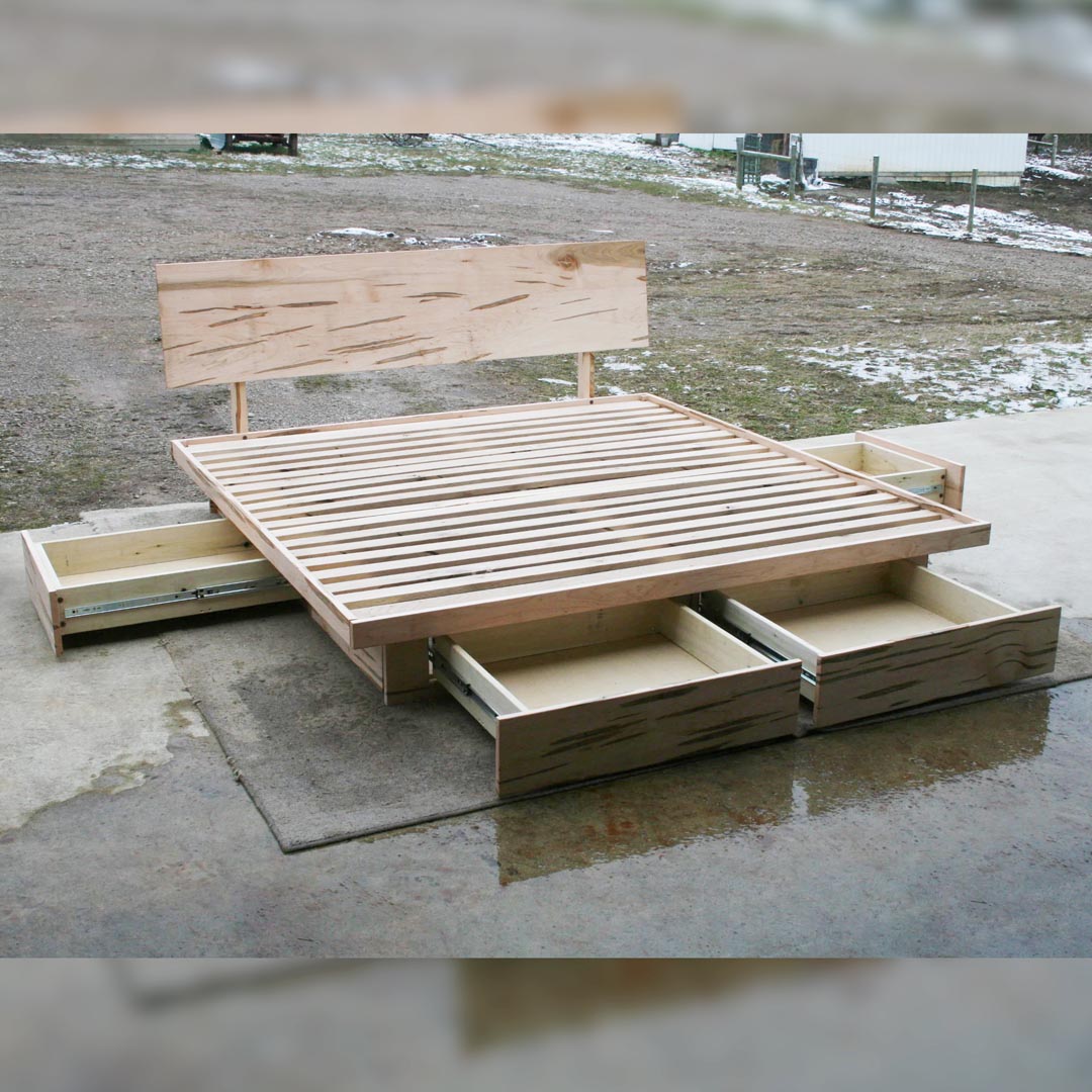 front angled view drawers open low platform bed with 6 drawers