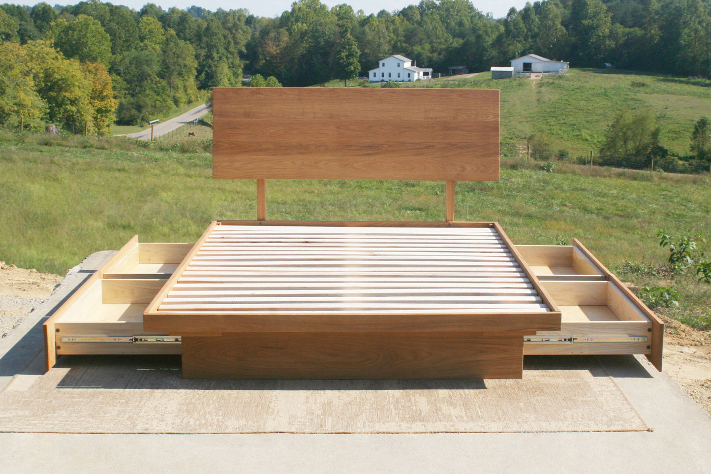 low platform storage bed with 4 drawers open