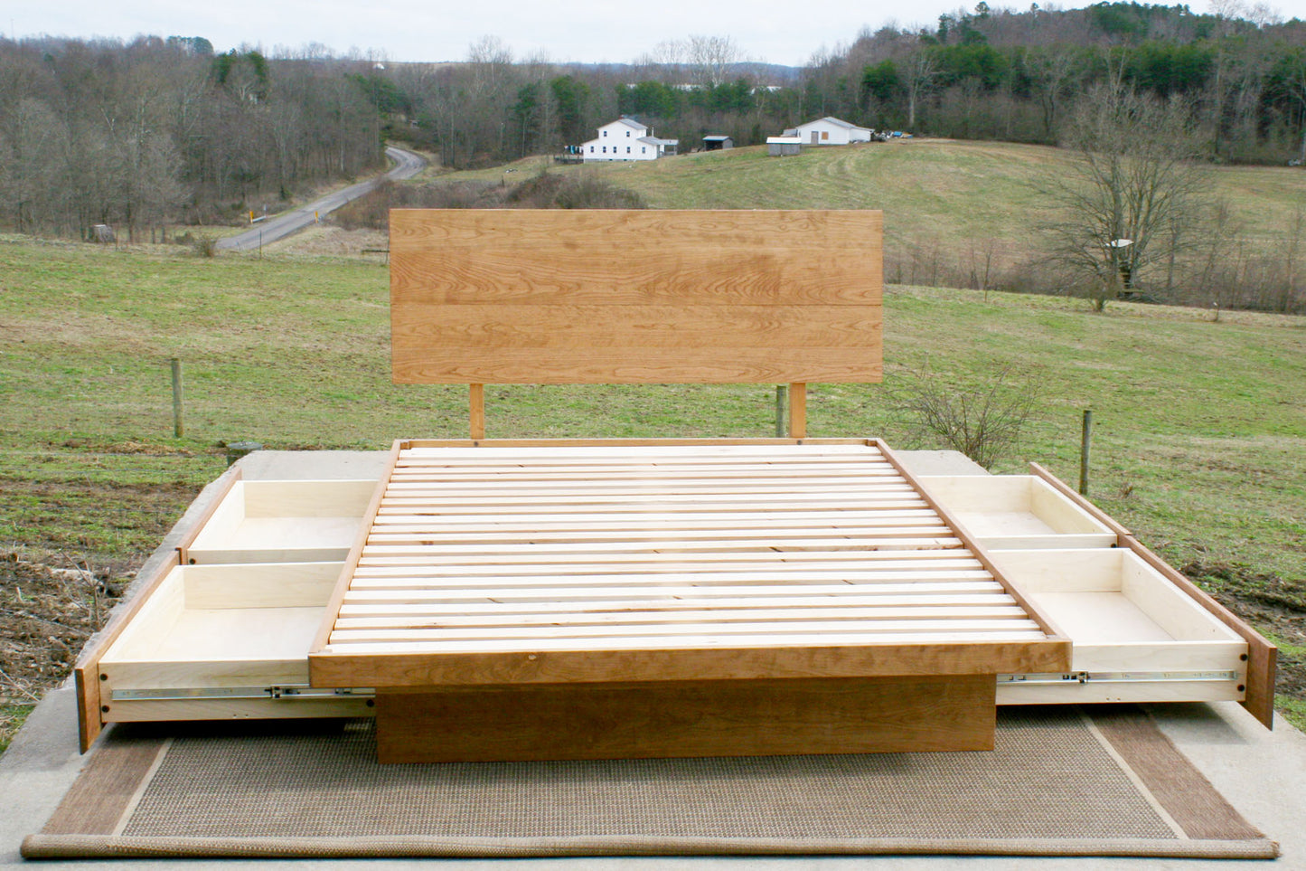 front view drawers out Low platform storage bed with 4 drawers