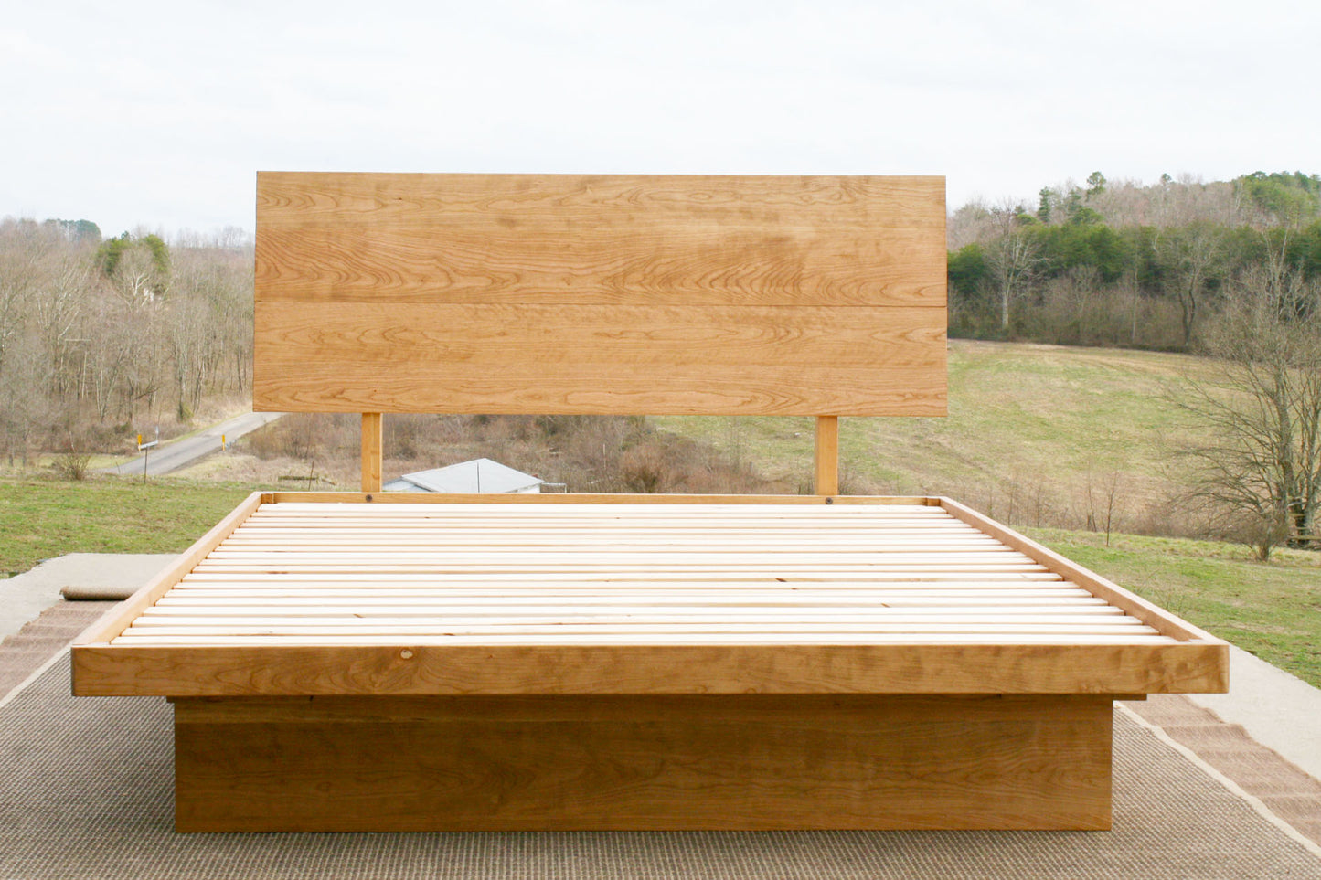 front view natural Low platform storage bed with 4 drawers