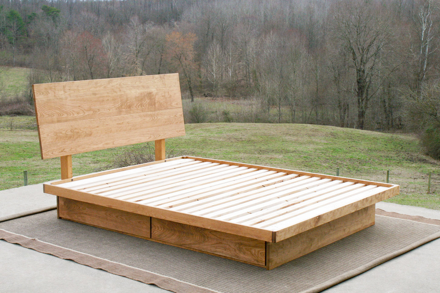 natural angle view Low platform storage bed with 4 drawers