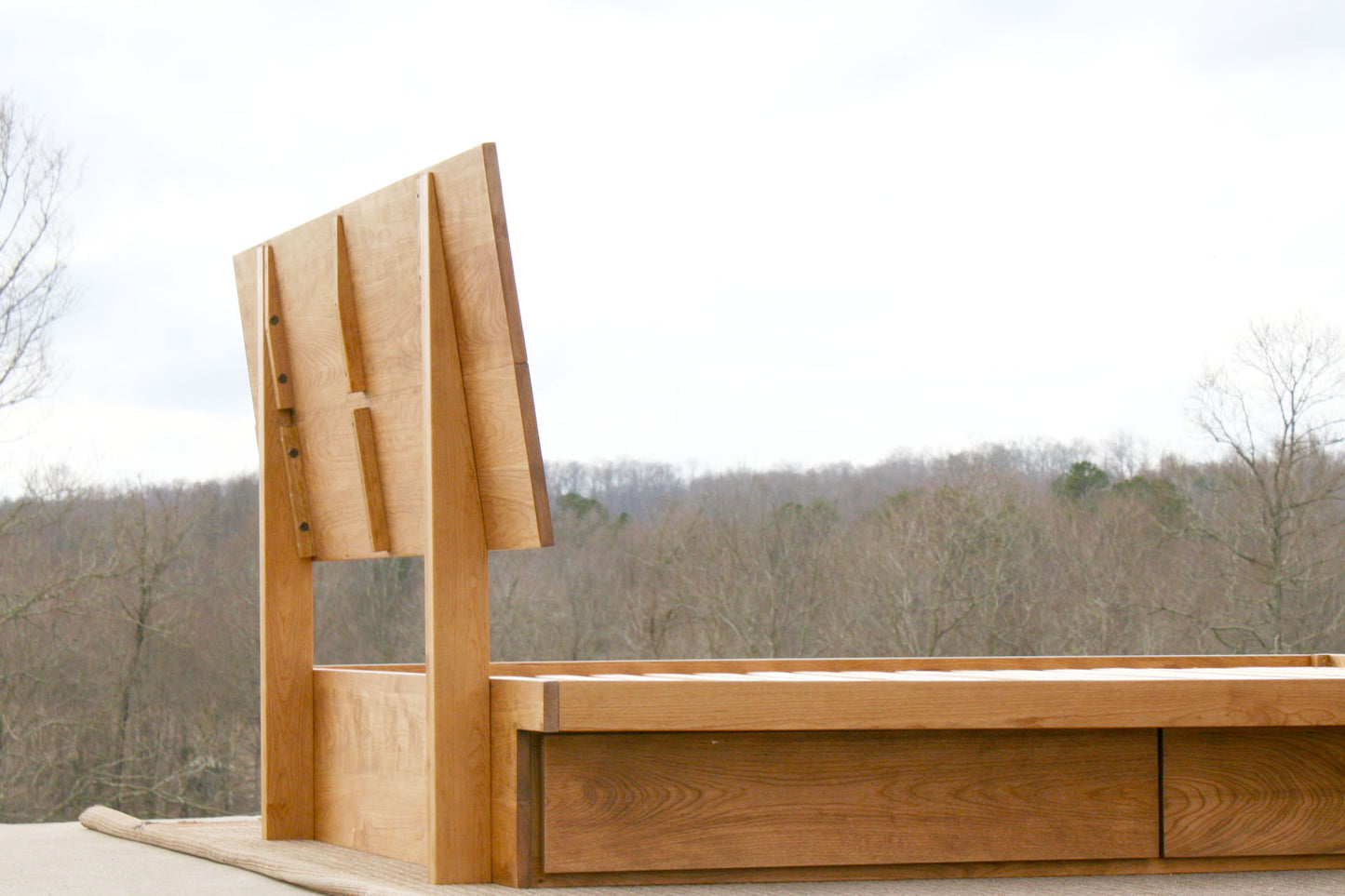 backboard of natural Low platform storage bed with 4 drawers