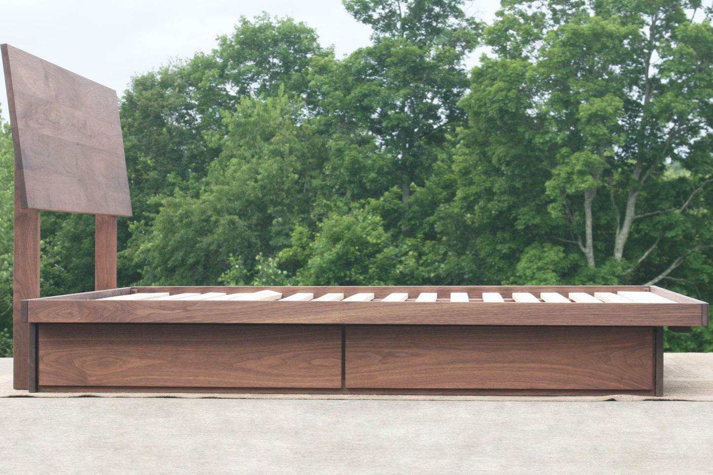 side view natural Low platform storage bed with 4 drawers
