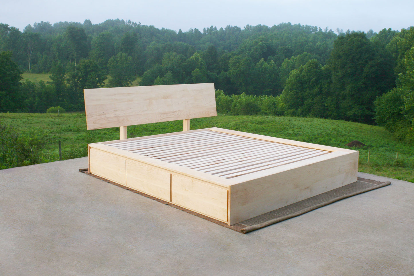 angled view wood Low Platform Bed with 6 drawers and angled headboard