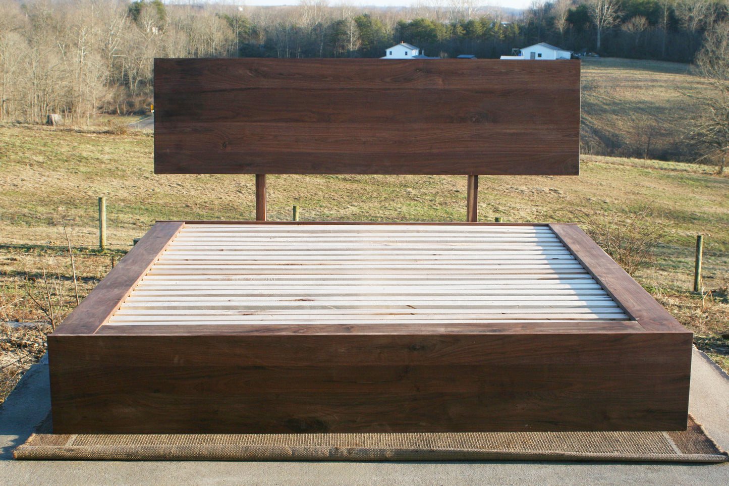 front view natural Low Platform Bed with 6 drawers and angled headboard