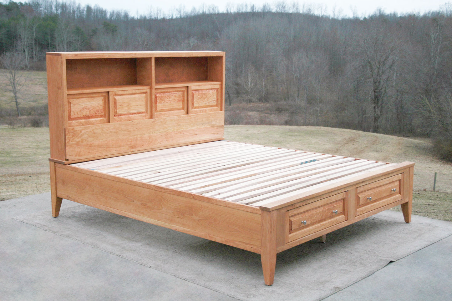 Platform Bed with 2 drawers in foot-end and storage headboard with shelves