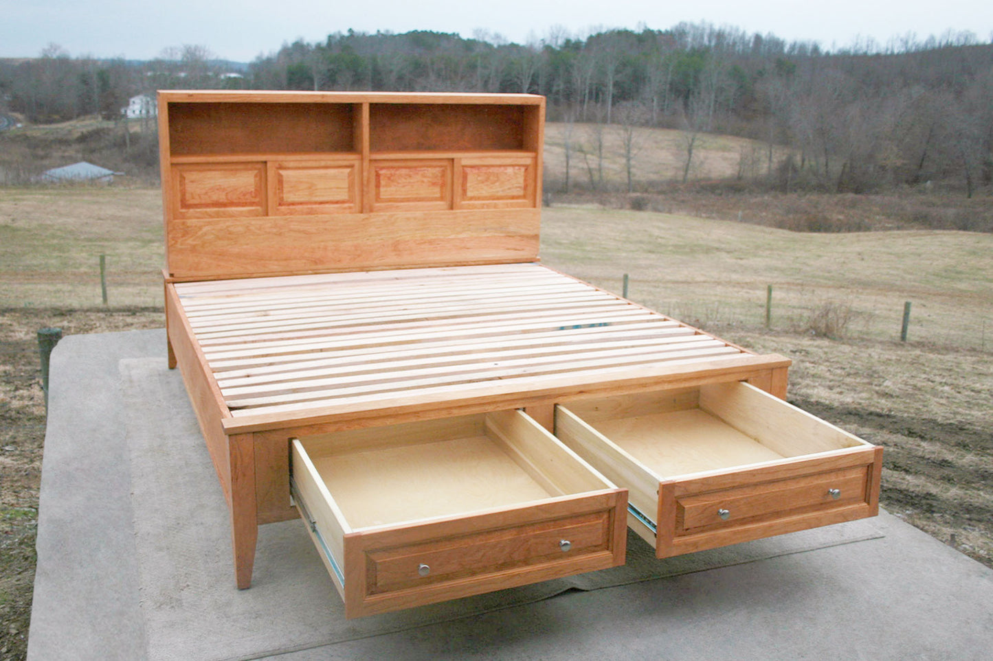 front view drawers open Platform Bed with 2 drawers in foot-end and storage headboard with shelves
