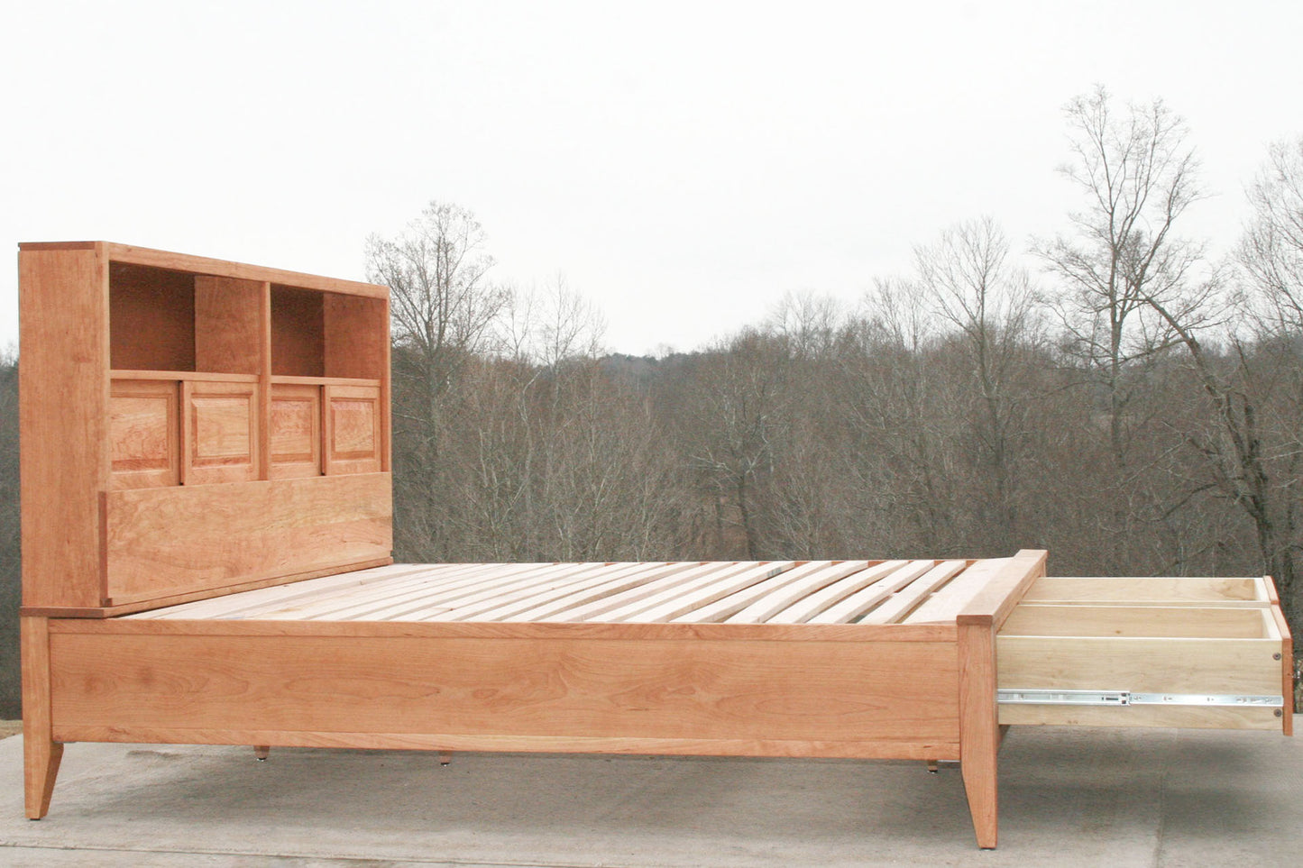 side view drawers open Platform Bed with 2 drawers in foot-end and storage headboard with shelves