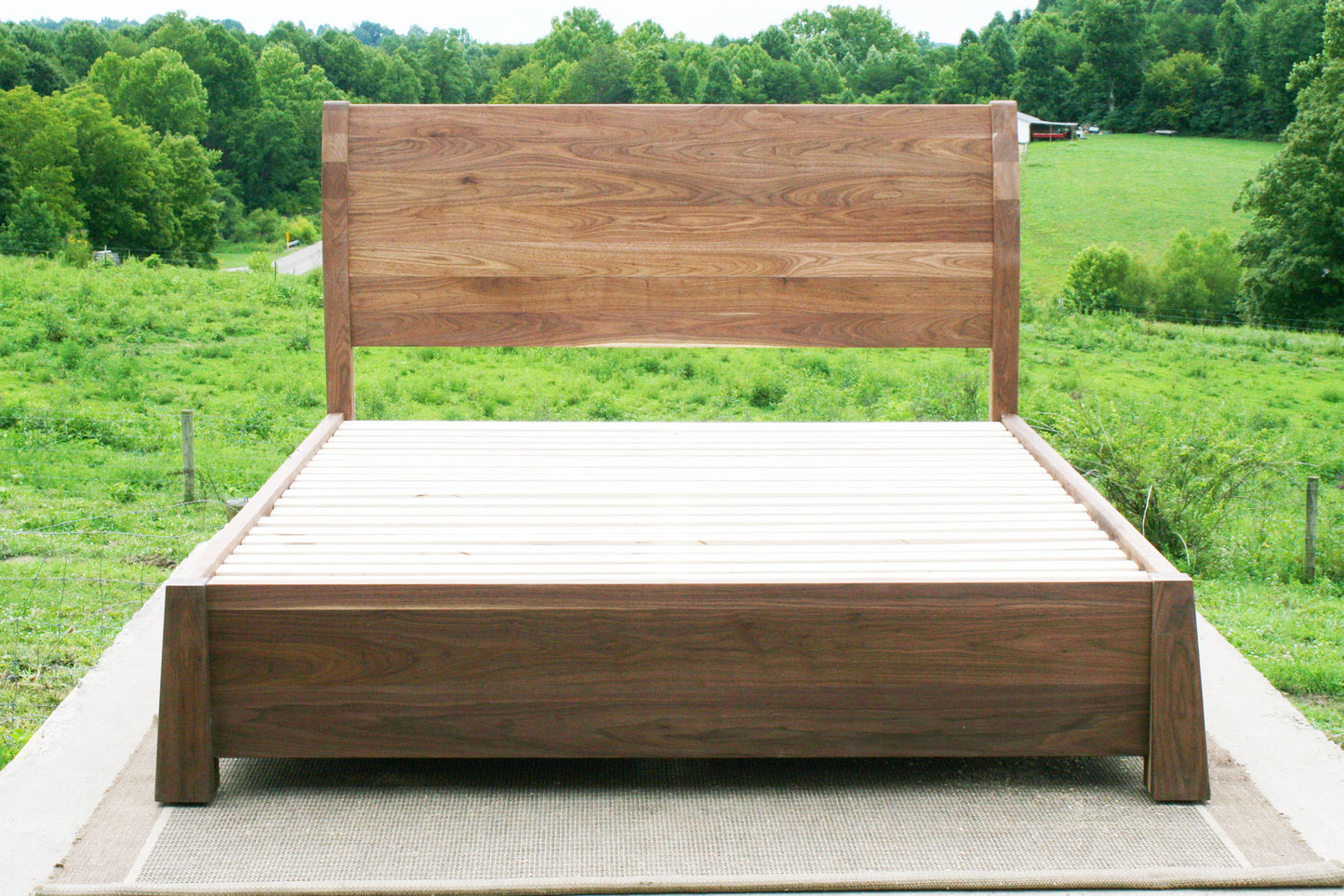 front view wood Sleigh Platform bed with 4 drawers and large posts