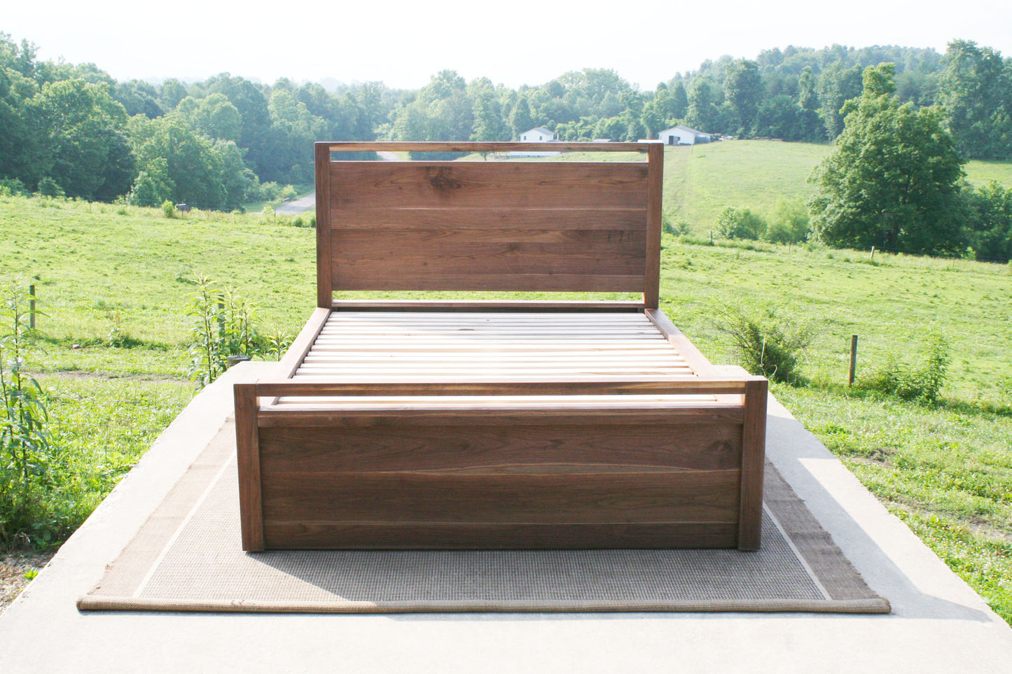front view walnut Storage Bed with top-rail head and footboard