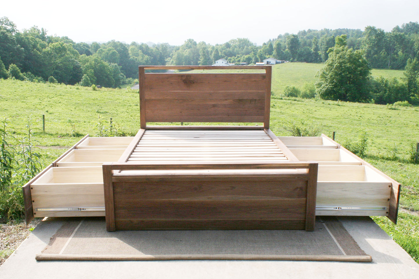 front view drawers open walnut Storage Bed with top-rail head and footboard