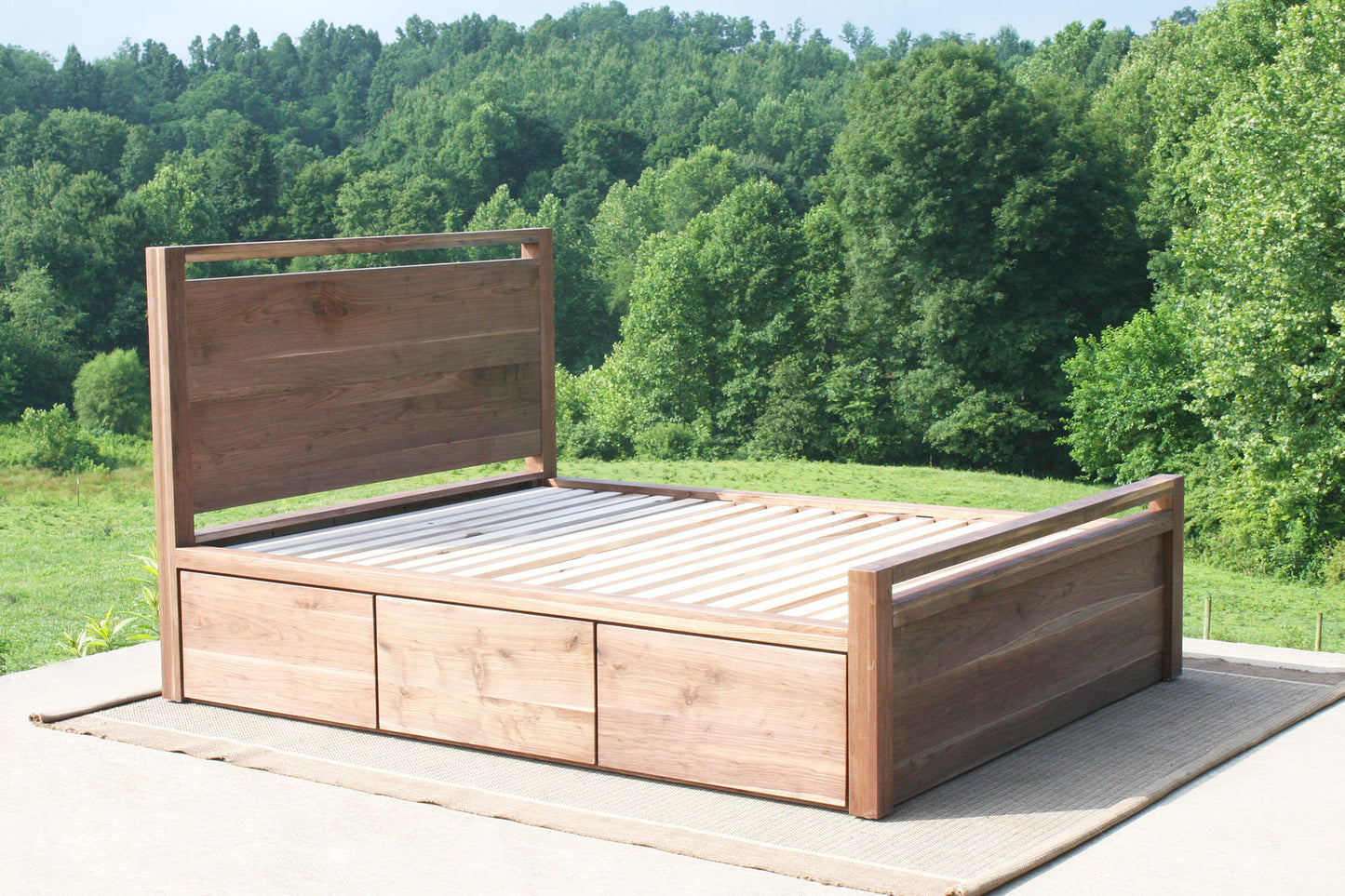 walnut side angled view Storage Bed with top-rail head and footboard
