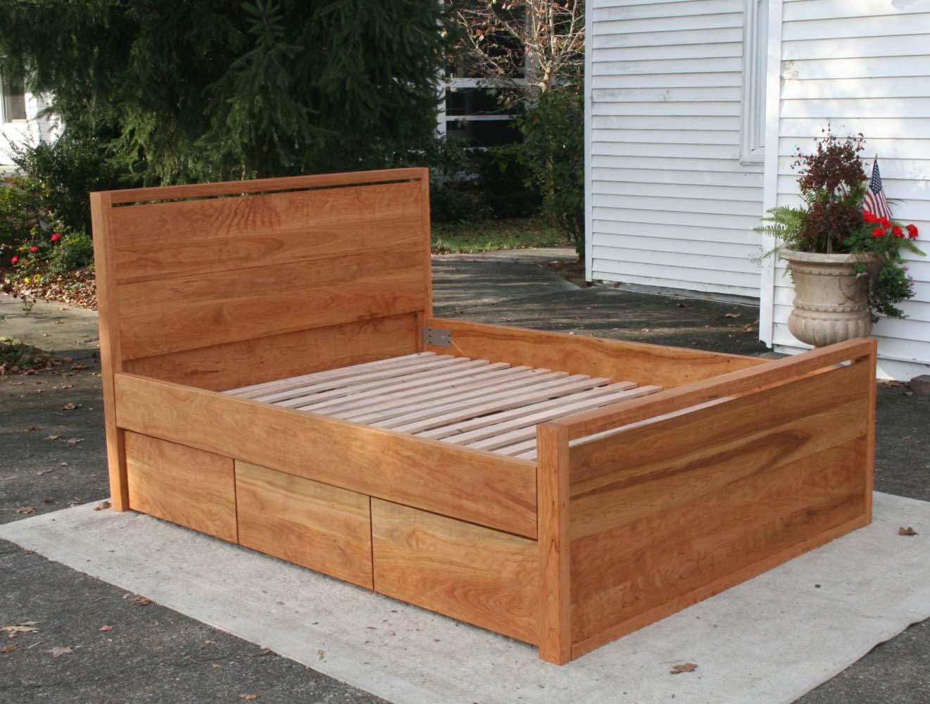 angled view hardwood recessed platform bed with 6 drawers
