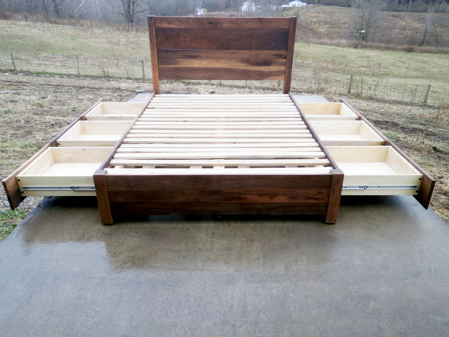walnut front view Low Storage Bed with 6 drawers