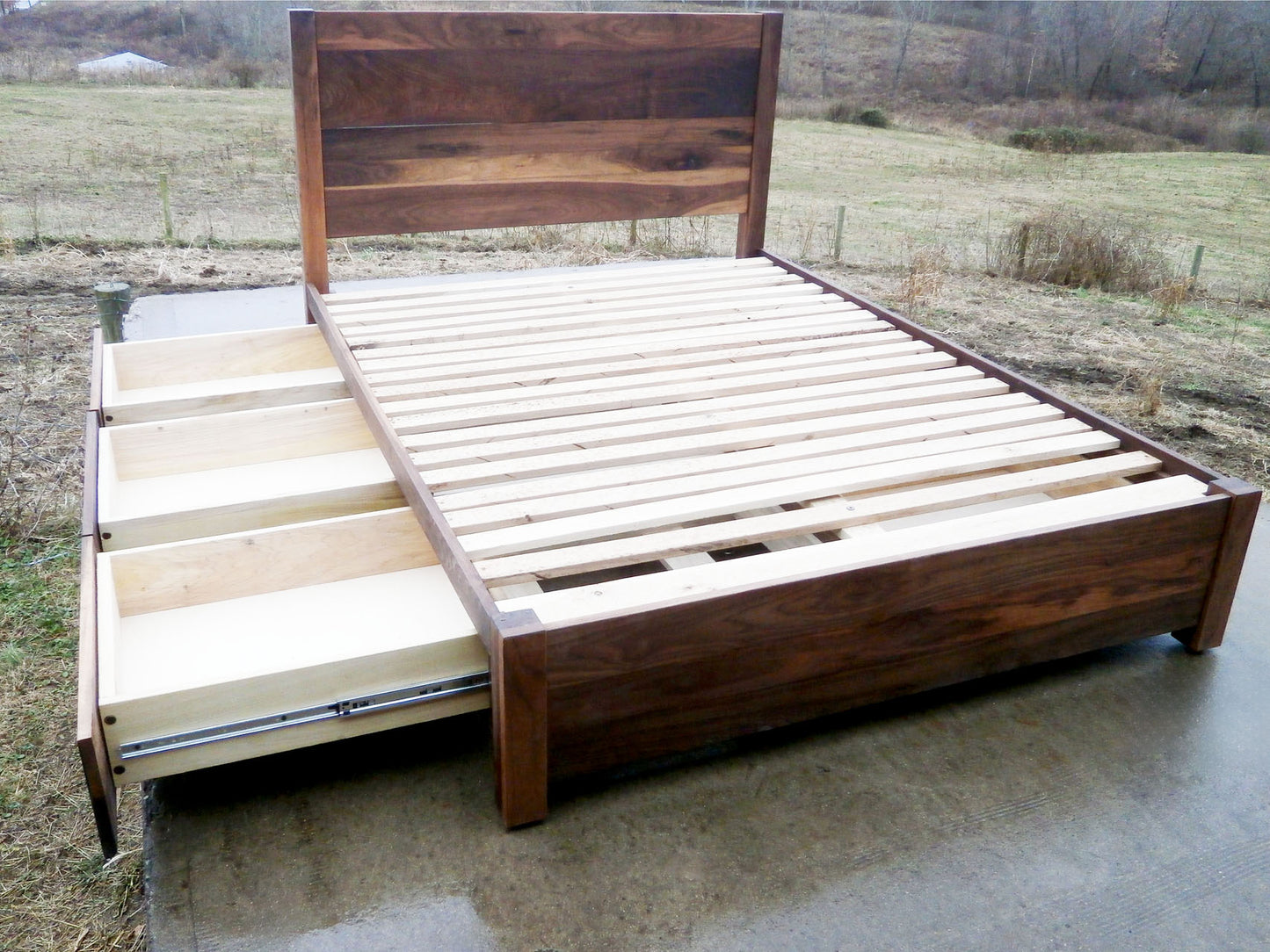 Low Storage Bed with 6 drawers one side of drawers out