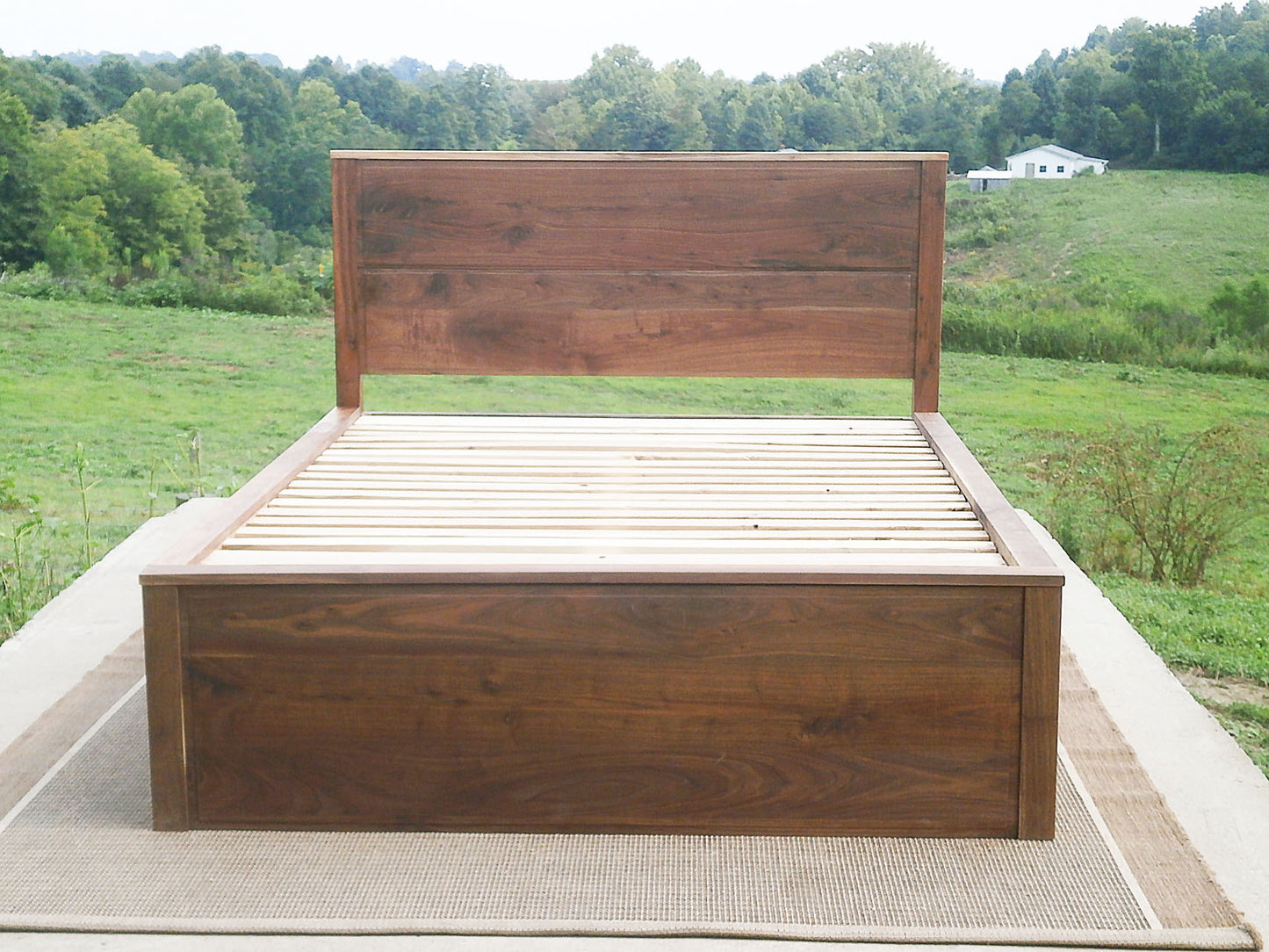 front view natural Storage Bed with 4 drawers, recessed frame headboard and toe kick