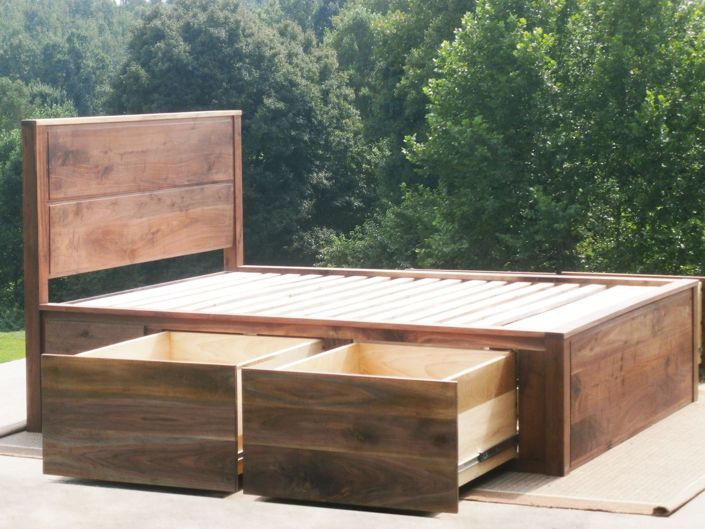side view drawers open natural Storage Bed with 4 drawers, recessed frame headboard and toe kick