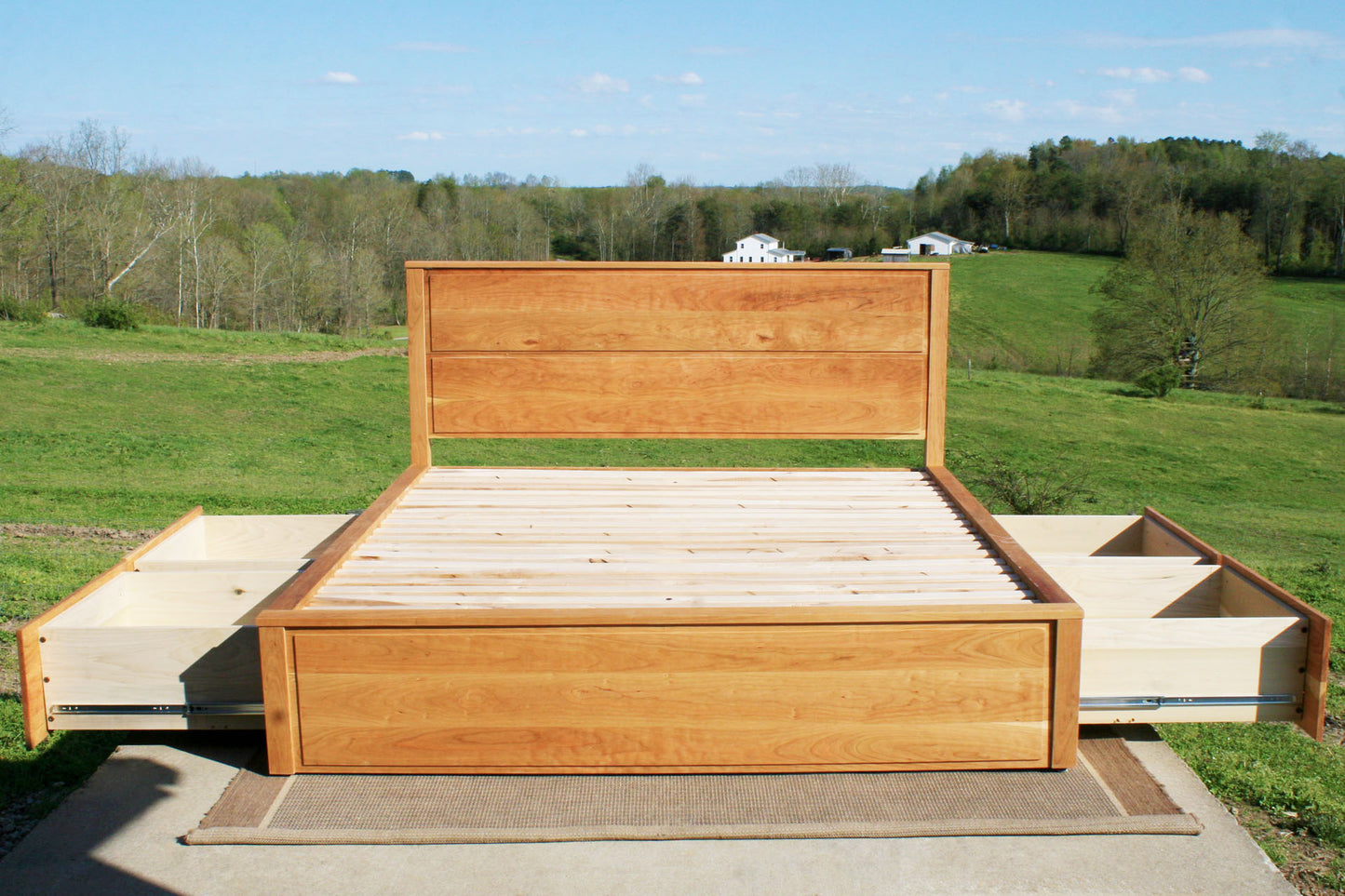 Platform Bed with 4 drawers open and recessed frame headboard