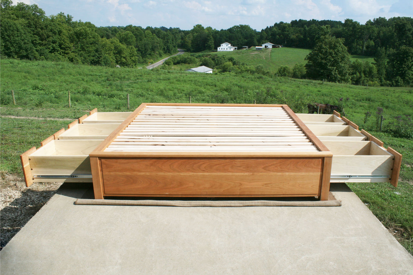 front view drawers out wood Platform Bed with 6 drawers and recessed frame