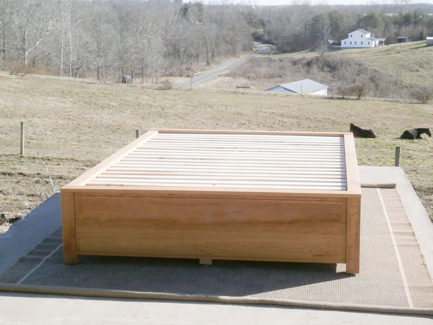 front view natural Platform Bed with 6 drawers and recessed frame
