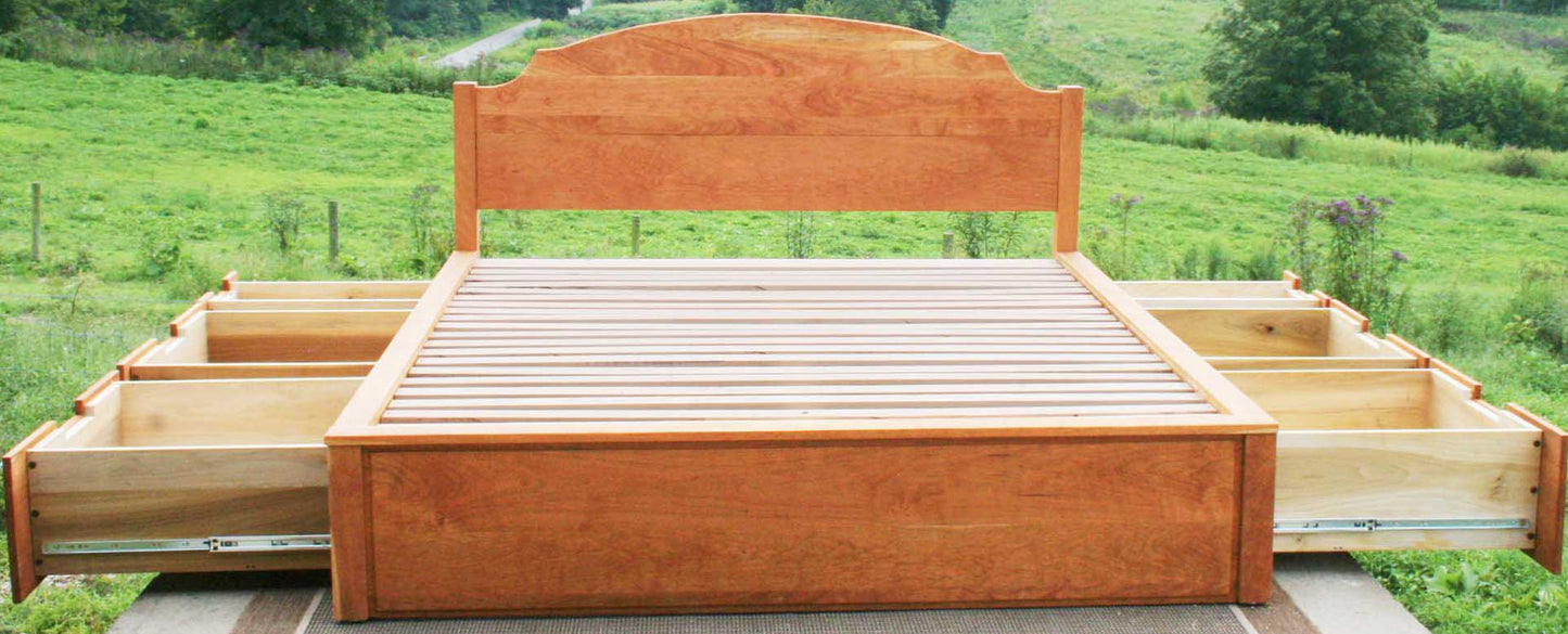 front view Platform Bed with 6 drawers open and arched headboard