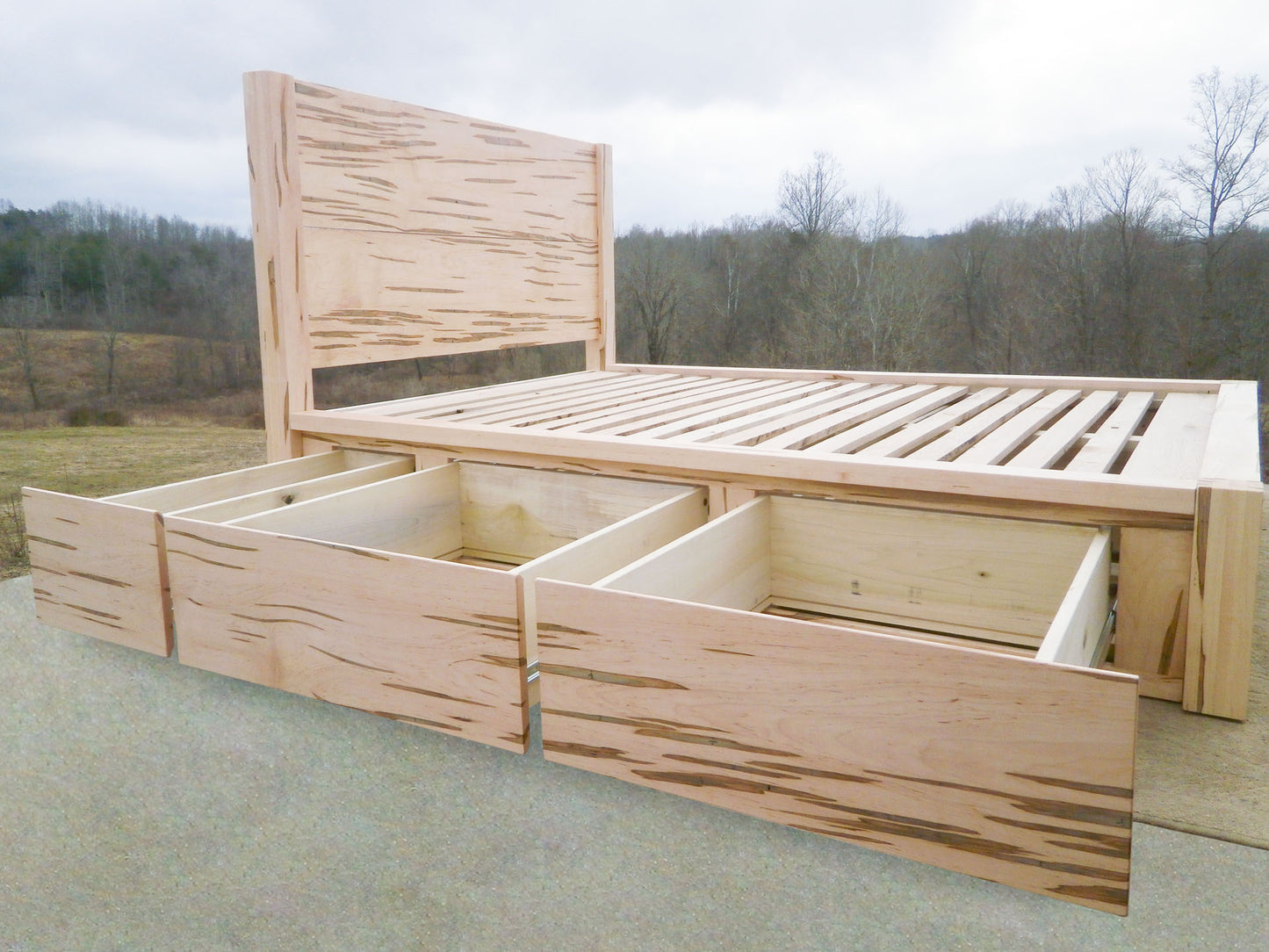 low angled view drawers open Storage Bed with 6 drawers and tall headboard